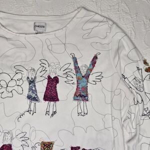 Chicos Long Sleeve Shirt Women 3 Beaded Embroidery Patchwork Angel Flowers VTG